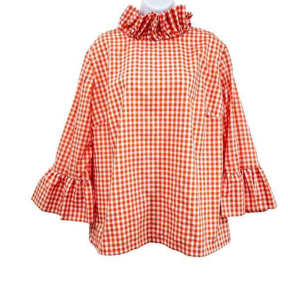 Elizabeth Wilson Katherine Top Gingham Plaid Check Ruffle Neck Orange White XL - Picture 3 of 9